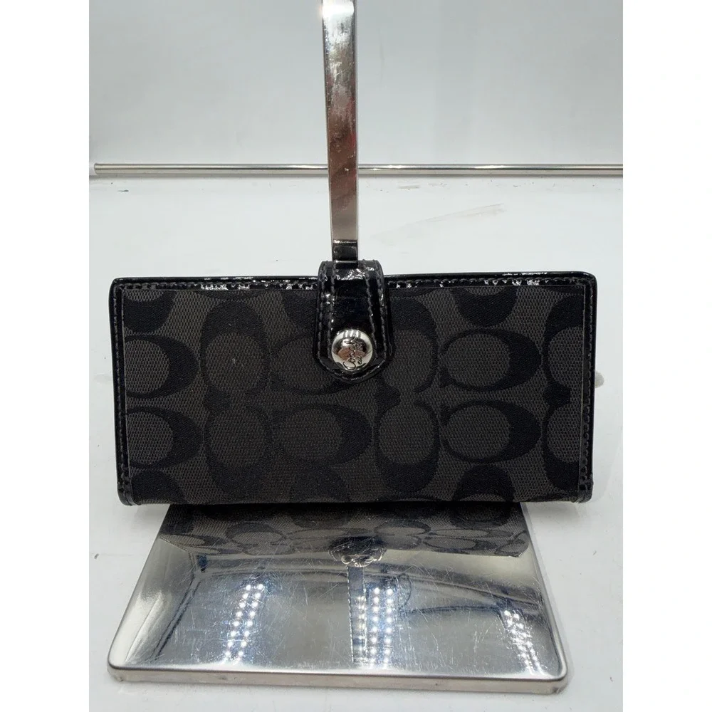 Coach Signature Jacquard Slim Bifold Wallet Black Patent Trim Snap Closure